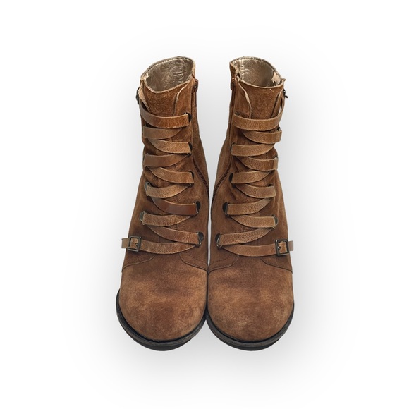 BCBGeneration ༄ Kadeer Buckled Lace Up Wedge Bootie ༄ Tobacco Suede ༄ 8M / 38 - Picture 8 of 16